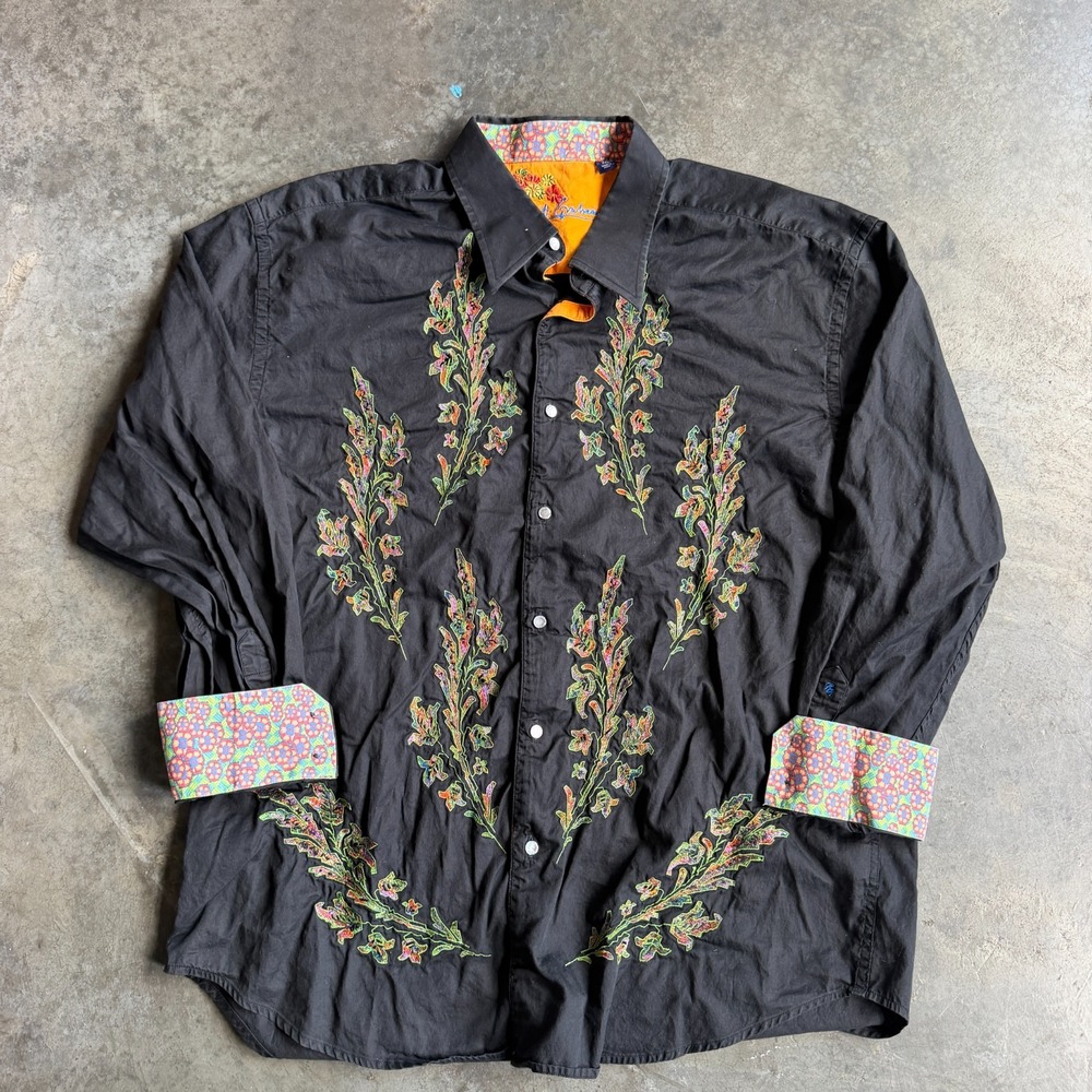 Robert Graham Floral Embroidered Black AOP Button Up Flip Cuff Designer Mens 3XL